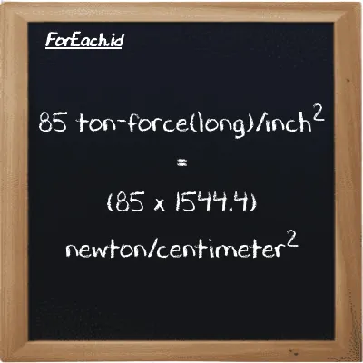 How to convert ton-force(long)/inch<sup>2</sup> to newton/centimeter<sup>2</sup>: 85 ton-force(long)/inch<sup>2</sup> (LT f/in<sup>2</sup>) is equivalent to 85 times 1544.4 newton/centimeter<sup>2</sup> (N/cm<sup>2</sup>)